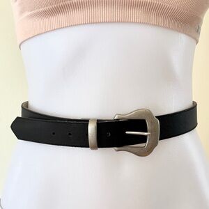vintage black faux leather belt with silver pewter tone western inspired buckle